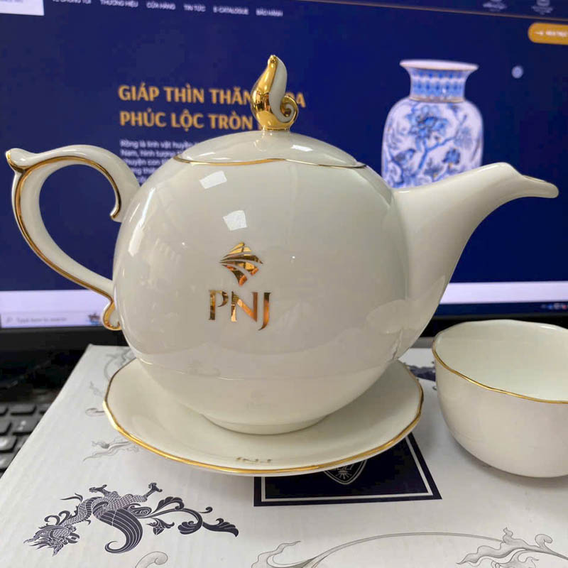 Bộ Ấm Chén In Theo Yêu Cầu Dáng Bưởi Kẻ Chỉ Vàng | ACPPR04