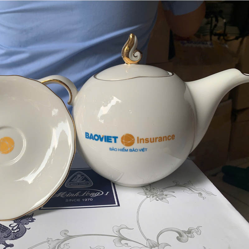 Bộ Ấm Chén In Theo Yêu Cầu Dáng Bưởi Kẻ Chỉ Vàng | ACPPR04
