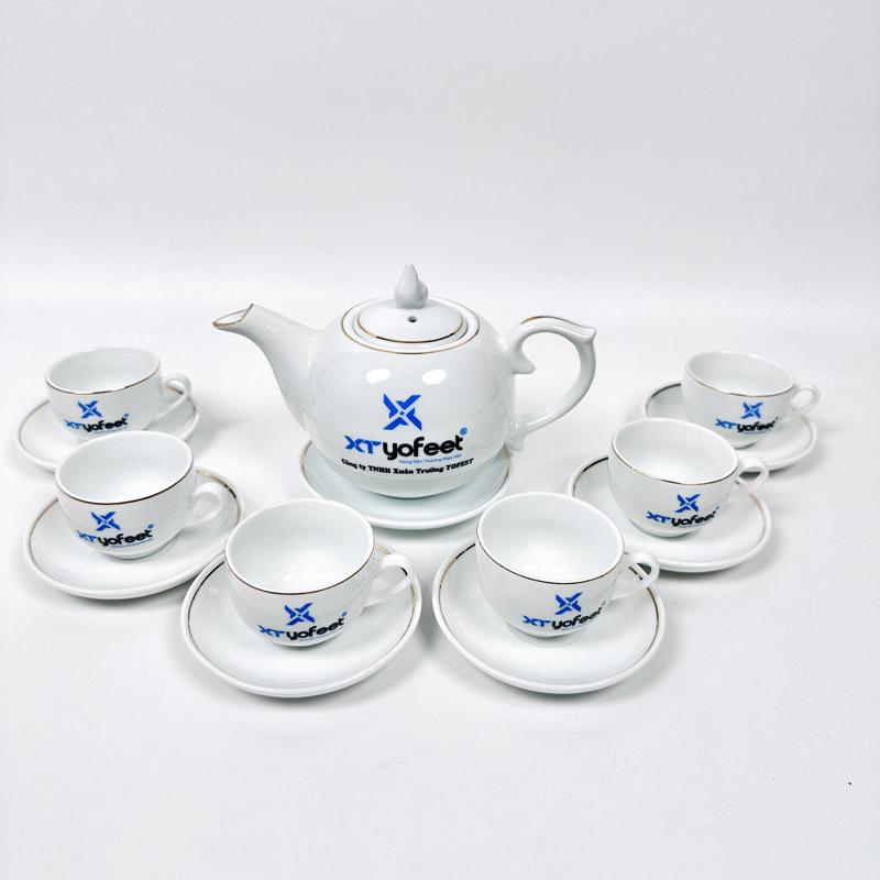 Bộ Ấm Chén In Theo Yêu Cầu Dáng Bưởi Kẻ Chỉ Vàng | ACPPR04