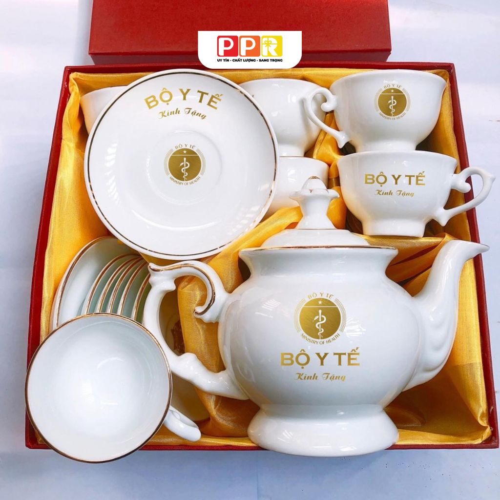 bộ ấm chén in logo vàng kim dáng Cát Tường