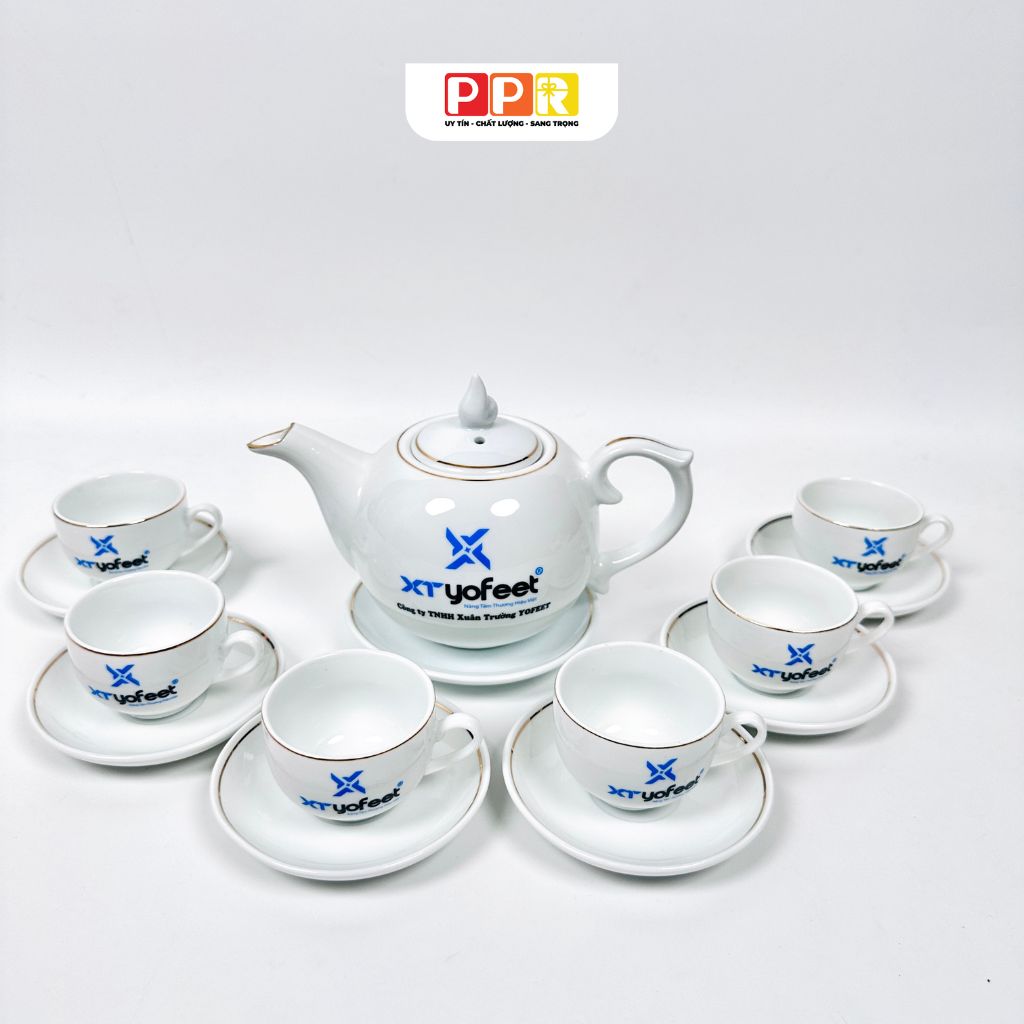 Bộ ấm chén in logo kẻ chỉ vàng dáng bưởi