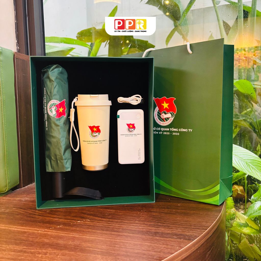 set ô cốc giữ nhiệt kèm sạc in logo